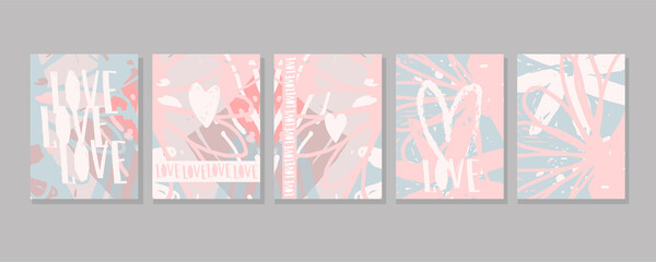 A set of modern minimalist cards about love on abstract backgrounds. Wedding invitations, Valentine s Day with copy space. Pink mock-ups with white heart and text for cover. Flat stock vector