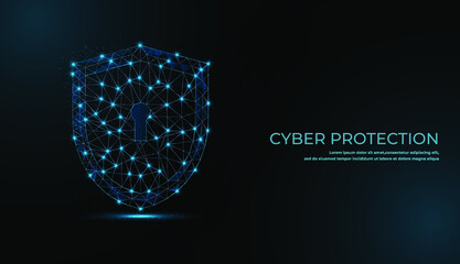 Cyber security concept. Lock symbol from lines and triangles, point connecting network on blue background. Vector Illustration