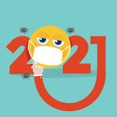 Hand Picks Up The Yellow Emoji Wearing a Medical Mask.  Because 2021 is The Year That the Corona Virus Spread Around The World Vector Illustration.