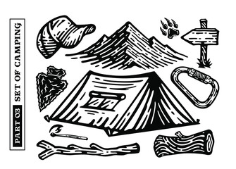 Big vector set of camping elements. doodle vintage illustration.