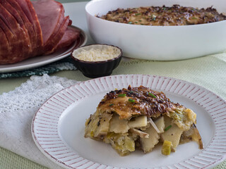 Leek and Potato Gratin, Single Serving, with ham - Horiz
