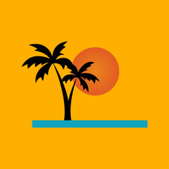 logo and icon of an exotic island, coconut trees are the main object in this logo. Vector logo design template. Concept for travel agencies, tropical resorts, beach hotels, spa. simple and clean