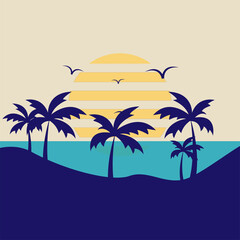 Fototapeta na wymiar Illustration of summer beach, abstract sun and palm tree by the sea. Vector logo design template. Concept for travel agencies, tropical resorts, beach hotels, spas. simple and clean