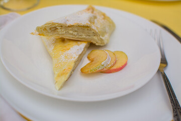 Strudel with cottage cheese and apple on a white ceramic plate.
