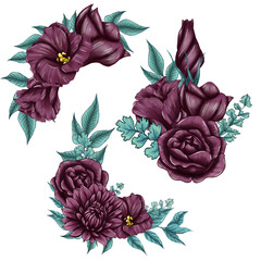Extravagant stylish purple flower arrangements, purple flower borders, floral elements, wedding decor