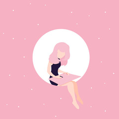 Young girl drawing picture. Pink sky