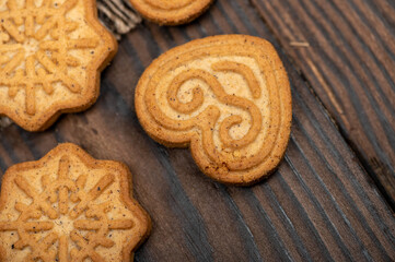 Delicious homemade cookies on a wooden table. Close-up selective focus.