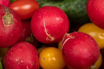 Green cucumbers, ripe radishes and colorful tomatoes scattered on the table. Close-up, selective focus.