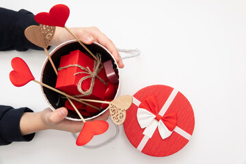 Valentines day red heart and box. Holidays valentine card with copy space.