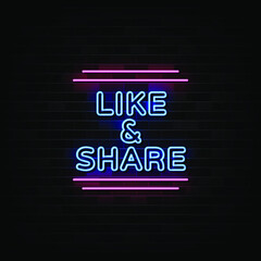 Like and Share Neon Signs Vector. Design Template Neon Style