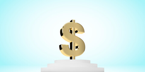 3D rendered American money the US Dollar symbol in shiny gold on a white podium. Light blue background with degradation and copy space