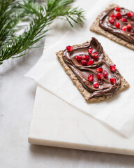 pomegranate sandwich with chocolate paste on christmas background