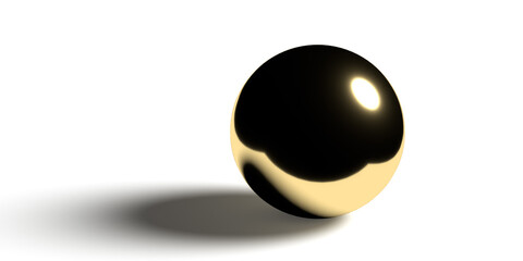 A 3D rendered golden sphere on white background. The shiny ball is reflecting the light and creating shadows on the surface