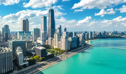 Fototapete Chicago Chicago Skyline Luftdrohnenansicht von oben, die Wolkenkratzer der Innenstadt von Chicago und das Stadtbild des Michigansees, Illinois, USA