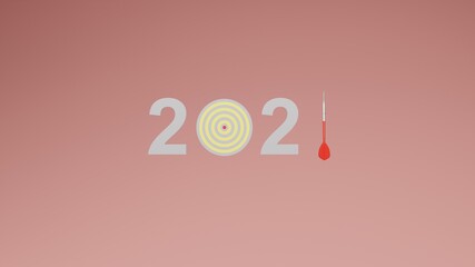 2021 number with dartboard and dart arrow as number, achievement goal success concept, 3D rendering illustration 