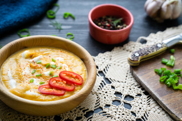 Healthy lifestyle in nutrition. Vegetable puree soup with pumpkin