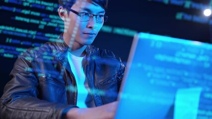 Asian man using computer with futuristic computer code preview, computer engineer programmer typing code hacking, internet digital technology concept. - Powered by Adobe