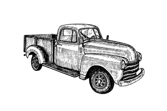 Hand drawn vintage retro oldtimer car pickup, doodle sketch graphics monochrome vector tracing illustration on white background