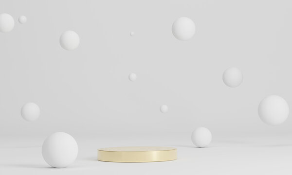 3D rendering golden podium with White sphere background. Cylinder shape of product display, Luxury golden modern concepts. © wantida