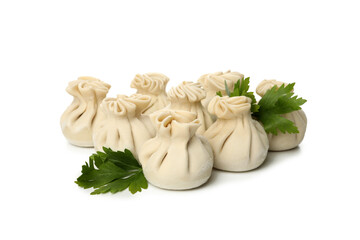 Raw khinkali, pepper and parsley isolated on white background