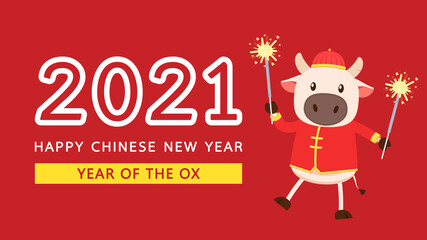 Fototapeta na wymiar Chinese Happy new year 2021. Happy new year. Year of the Ox. Ox cartoon vector. Ox character design.