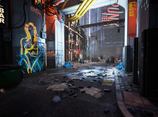 Fototapeta na wymiar A 3D rendered cyber punk urban scene with neon signs and dirty a dirty alley 