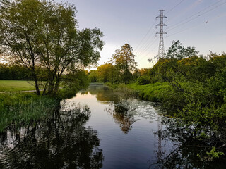 River in a park surrounded by trees and bushes with power lines on the background.