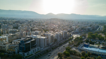 Aerial drone bird's eye view of marina in Athens with docked yachts, Piraeus Harbour port of Athens