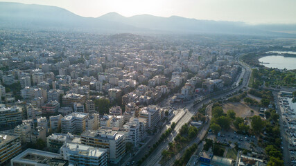 Aerial drone bird's eye view of marina in Athens with docked yachts, Piraeus Harbour port of Athens