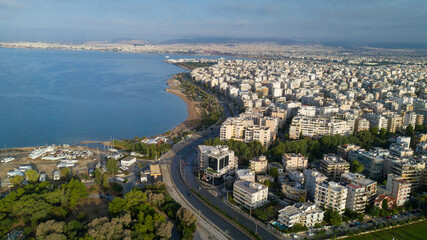Aerial drone bird's eye view of marina in Athens with docked yachts, Piraeus Harbour port of Athens