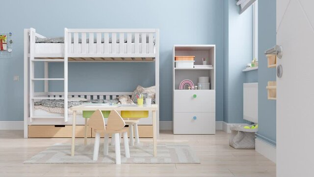 Opened Door Into Children's Room With Bunk Bed, Books On The Shelves, Toy Boxes And Table