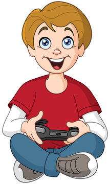 Happy teenager kid playing video game console