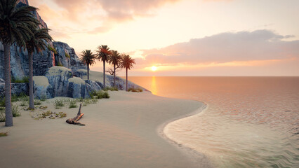 Sunset Between The Beach Cliffs And Palm Trees, 3D Rendering
