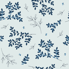 vintage pastel blue natural seamless pattern with bush twigs and blueberries