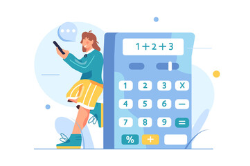 Girl counting numbers on a big calculator, girl holding a phone in her hands, isolated on white background, flat vector illustration