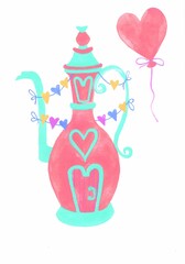 watercolor illustration of a beautiful pink and blue watercolor tea kettle house with doors and windows in the shape of a heart, paper garlands and a balloon. Postcard for February 14 Valentine's Day.
