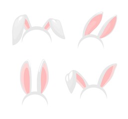 Bunny ears, Easter holiday vector isolated icons. Bunny rabbit ears mask, headband or hairband with bent hanging ear, Easter celebration symbols