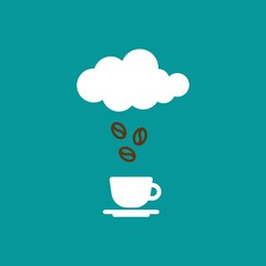 white cup with cloud and coffee rain. isolated on blue. coffee break vector illustration.