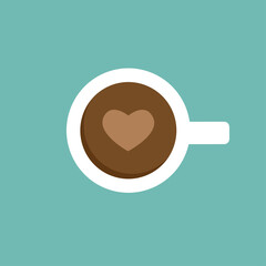 white cup of coffee with heart. top view isolated on blue. coffee break vector illustration.