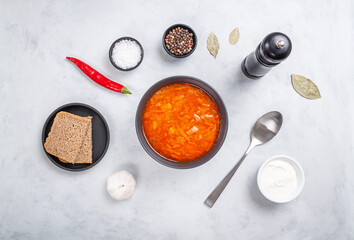 Traditional ukrainian russian soup (borscht) with bread and sour cream