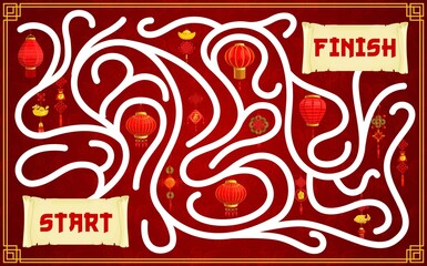 Child maze labyrinth with Chinese paper lanterns. Kids New Year game children playing activity with finding path task. Oriental lamps, festival on holiday lanterns and lucky charms amulets vector