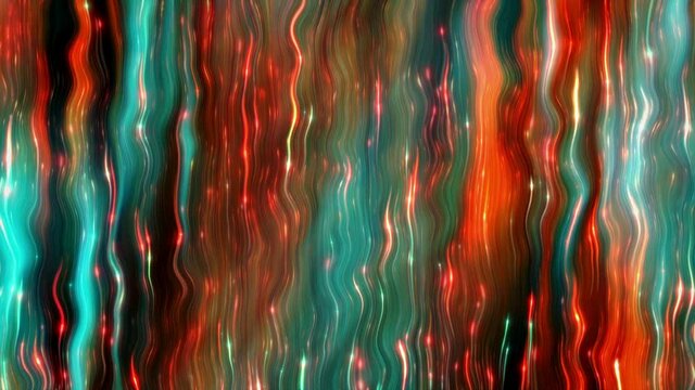 Aquamarine and orange abstract light streaks loop background in wriggle pattern with glitter and glow. Fashion and beauty 3D animation concept in meditation and award show celebration lounge design.