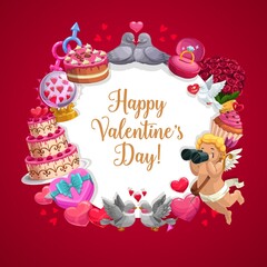Fototapeta na wymiar Valentines Day gifts, Cupid, red hearts and engagement ring vector frame. Romantic love holiday rose flower bouquet, chocolate cakes and present box with ribbon bow, Amur angel, cupcake and birds