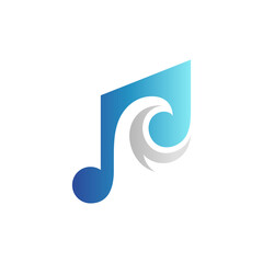 Wave music logo. Music note and wave shape with flat logo concept in blue and grey color