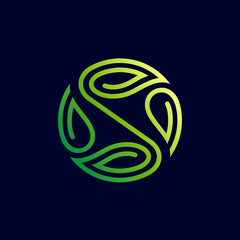 Leaf letter S logo. Green leaf and letter S with line concept in circle shape