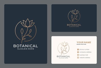 lineart flower logo design with business card for botanical, beauty salon, spa, cosmetics, fragrance.