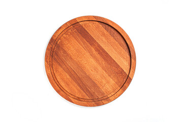 Empty wood cutting board on white isolated background for food cooking in vintage.