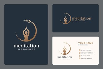 minimalist meditation, spa, yoga, balance, logo design with business card template.