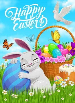 Happy Easter vector poster, cartoon bunny hug painted egg on meadow with basket full of flowers stand on green grass, dove and butterflies. Easter holidays postcard with cute rabbit and decorated eggs