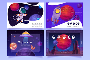 Space posters, galaxy exploring flyers. Vector set of futuristic banners with cartoon illustration of alien planets, rocket, ufo spaceship and astronaut on background of outer space with stars